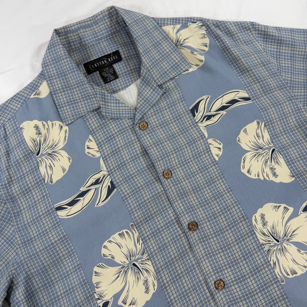 Cotton Reel 100% Silk Short Sleeve Hawaiian Tropical Blue Plaid Floral Large